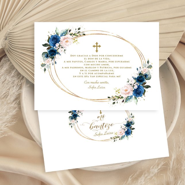 Carte De Remerciements Gracias Florales Bleues Espagnoles Con Oración Bau (boy baptism thank you, mi bautizo blue floral thank you, trendy blue floral baptism thank you)
