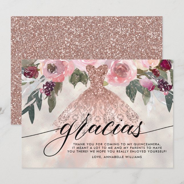 Carte De Remerciements Gracias Rose Parties scintillant or Floral Quincea (Devant / Derrière)