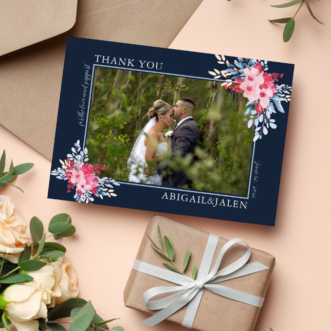 Carte De Remerciements Gracy Floral rose et Dusty Blue Mariage (Créateur téléchargé)