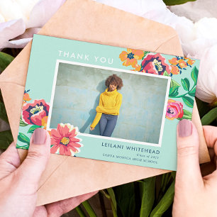 Carte De Remerciements Graduation Floral Aqua Blue Photo
