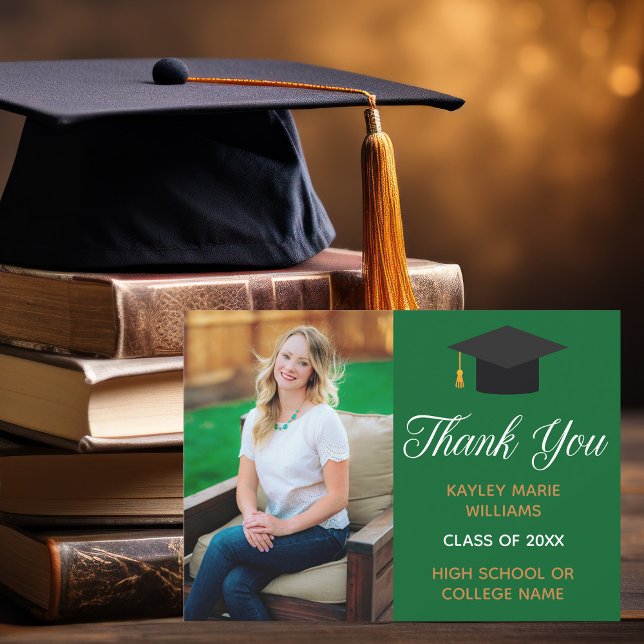 Carte De Remerciements Graduation Green Gold Photo Custom 2025 Graduate (Créateur téléchargé)