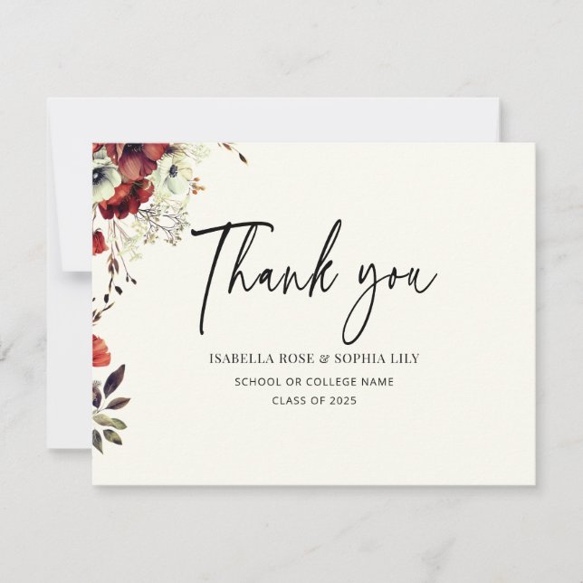 Carte De Remerciements Graduation minimale Elégant Floral Double Twins (Devant)