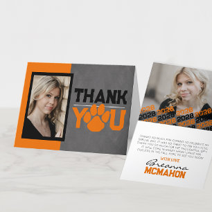 Carte De Remerciements Graduation Orange & Noir Pawprint Plissage 2 Photo
