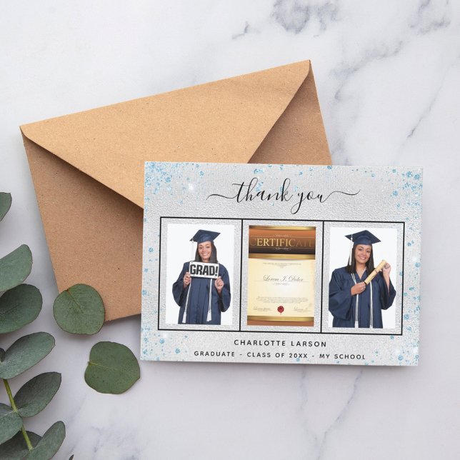 Carte De Remerciements Graduation photo bleu argenté (Créateur téléchargé)