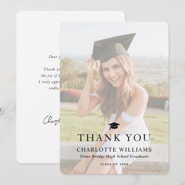 Carte De Remerciements Graduation photo moderne en noir et blanc (Devant / Derrière)