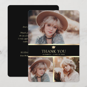 Carte De Remerciements Graduation photo moderne Noir et Or 3