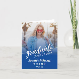 Carte De Remerciements Graduation photo personnalisée en bleu avec messag