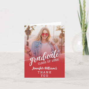 Carte De Remerciements Graduation photo personnalisée en rouge avec messa