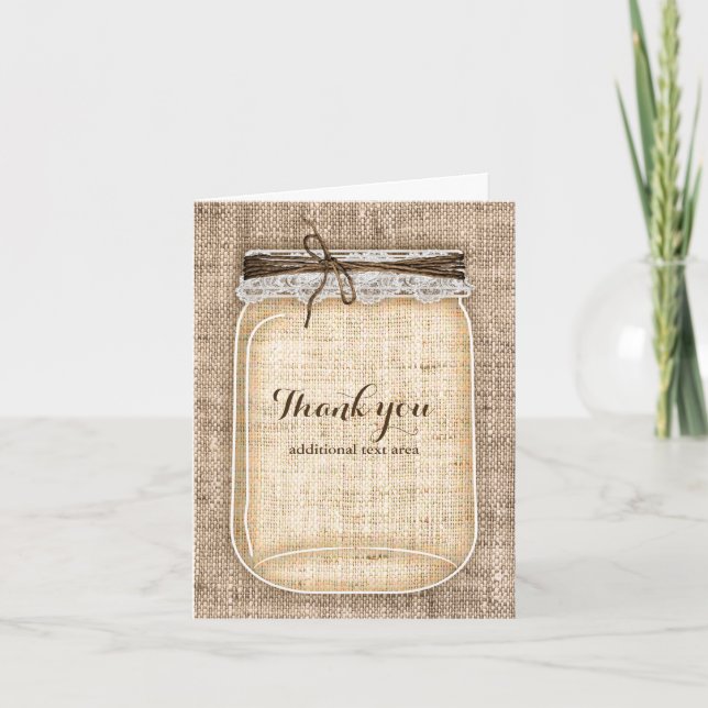 Carte De Remerciements Grand pot Mason avec toile de jute et dentelle rus (Devant)