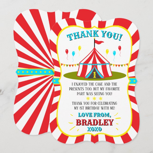 Carte De Remerciements Grand Top Carnaval de cirque 1er anniversaire (Devant / Derrière)