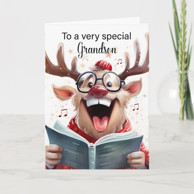 Carte De Remerciements Grandson Funny Christmas Reindeer Chant (Devant)