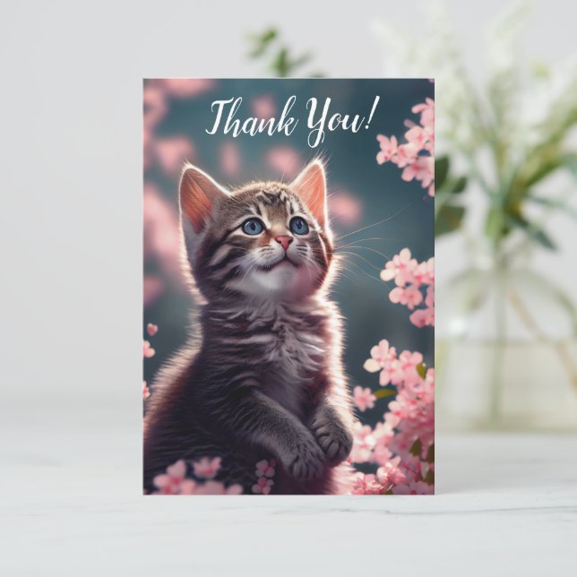 Carte De Remerciements Grateful Kitten en fleurs de cerisiers (Debout devant)