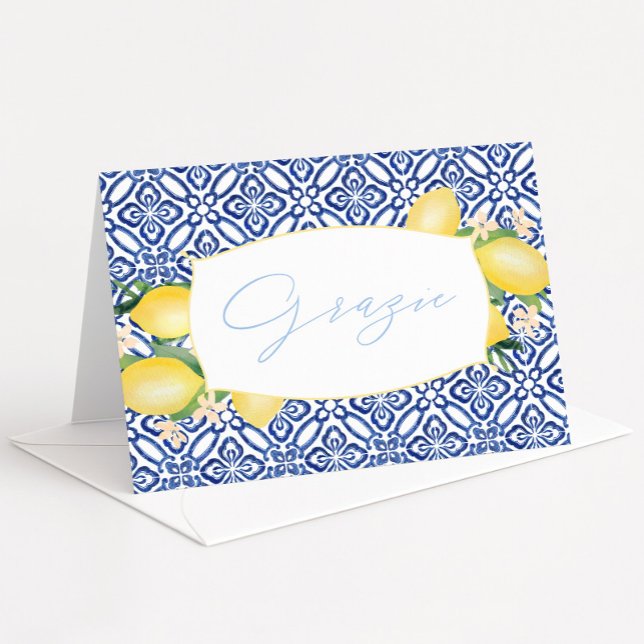 Carte De Remerciements Grazie Aquarelle Citrons Bleu Carreaux italiens (Grazie watercolor lemons blue tiles Italian theme bridal shower thank you card)