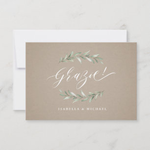 Carte De Remerciements Grazie ! Kraft Calligraphie simple verdure rustiqu