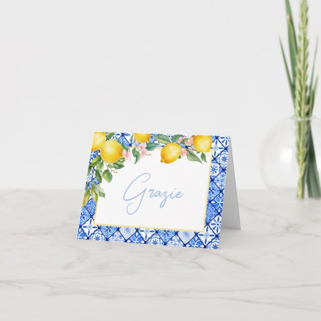 Carte De Remerciements Grazie Lemons Carreaux bleu italien Fête des marié (Devant)