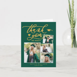 Carte De Remerciements Green Elegant Gold Script 4 Photo Graduation