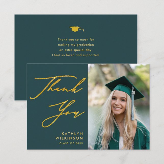 Carte De Remerciements Green Elegant Gold Script Simple Photo Graduation (Devant / Derrière)