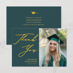 Carte De Remerciements Green Elegant Gold Script Simple Photo Graduation