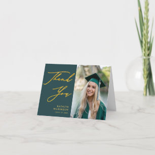 Carte De Remerciements Green Elegant Gold Script Simple Photo Graduation