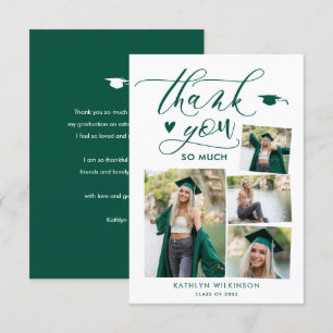 Carte De Remerciements Green Elegant Script 4 Photo Collage Graduation