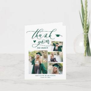 Carte De Remerciements Green Elegant Script 4 Photo Collage Graduation