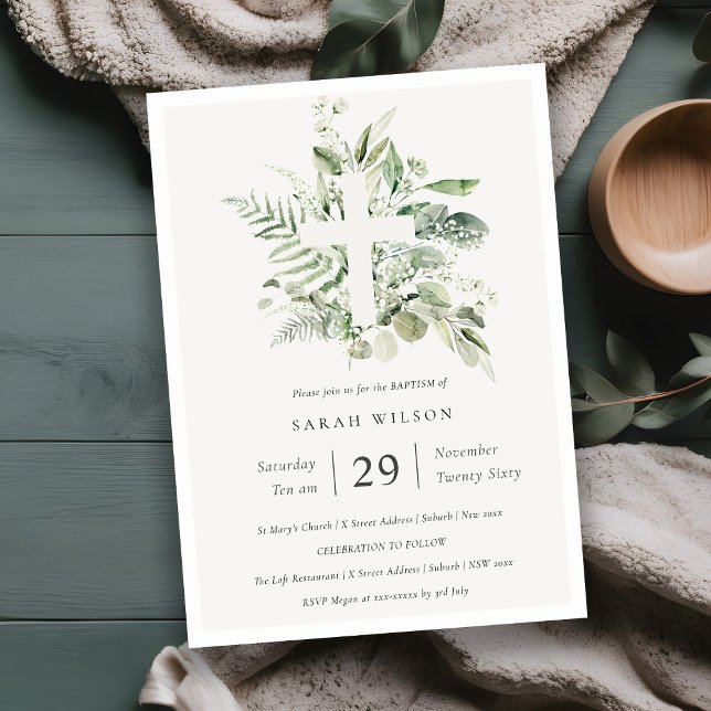 Carte De Remerciements Green Eucalyptus Fern Foliage Croix Baptême Invita (Créateur téléchargé)