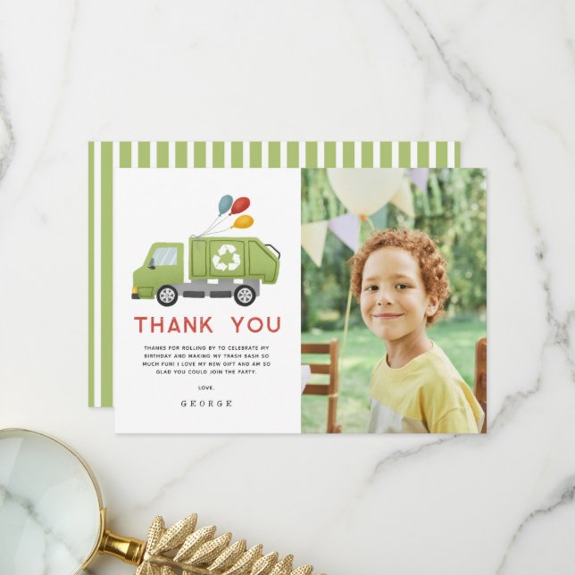 Carte De Remerciements Green Garbage Trash Truck Boys Birthday (Devant/Arrière en situation)