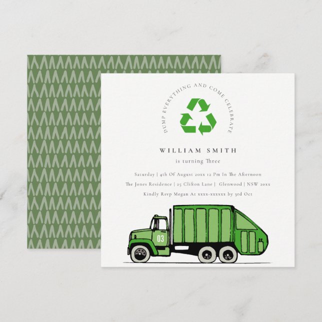 Carte De Remerciements Green Garbage Truck Kids N'importe quel âge Annive (Devant / Derrière)