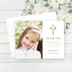 Carte De Remerciements Green Gold Floral First Holy Communion Girl Photo