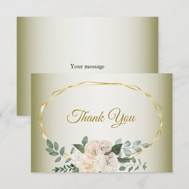 Carte De Remerciements Green Leaves Pink Floral Gold Geometric Wedding Th (Devant / Derrière)