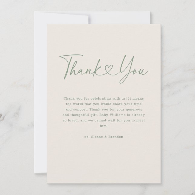 Carte De Remerciements Green Oh Baby Coeur Calligraphie Baby shower simpl (Devant)