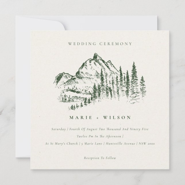 Carte De Remerciements Green Pine Woods Mountain Sketch Wedding Invitatio (Devant)