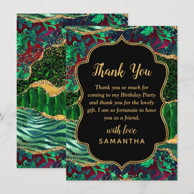 Carte De Remerciements Green Safari Agate Anniversaire (Devant / Derrière)