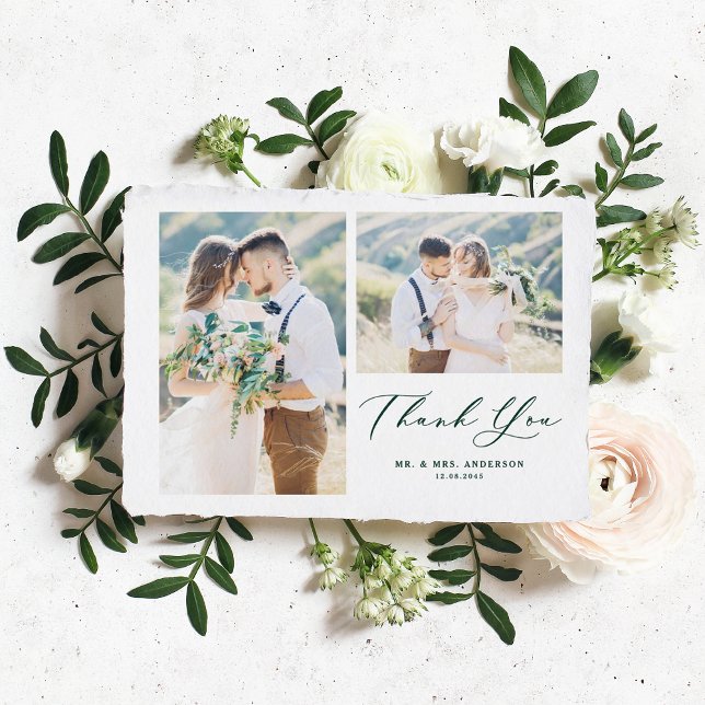 Carte De Remerciements Green Whimsical Calligraphy Photo Collage Mariage (Créateur téléchargé)