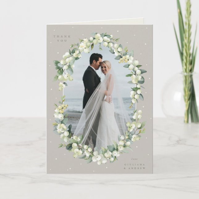 Carte De Remerciements Greige Snowberry+Eucalyptus Mariage photo pliée (Devant)