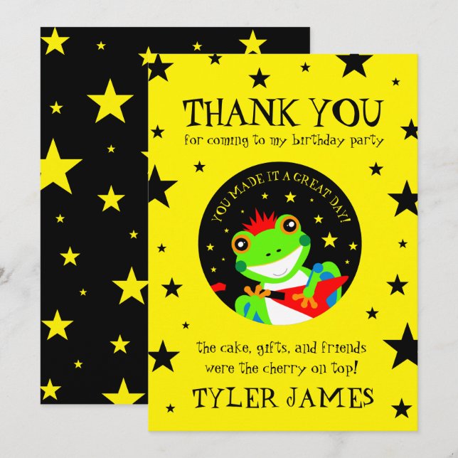 Carte De Remerciements Grenouille d'arbre d'anniversaire de Rockin avec g (Devant / Derrière)