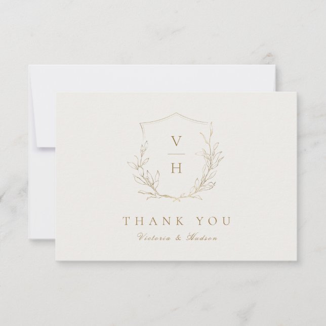Carte De Remerciements Grille botanique simple or monogramme mariage merc (Devant)