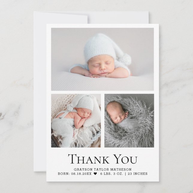 Carte De Remerciements Grille photo bébé statistiques de naissance noir b (Devant)