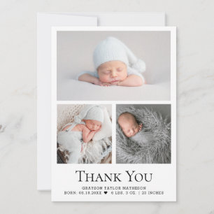 Carte De Remerciements Grille photo bébé statistiques de naissance noir b