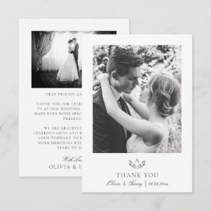 Carte De Remerciements Gris Simple Élégant Monogramme Mariage 2 Photo
