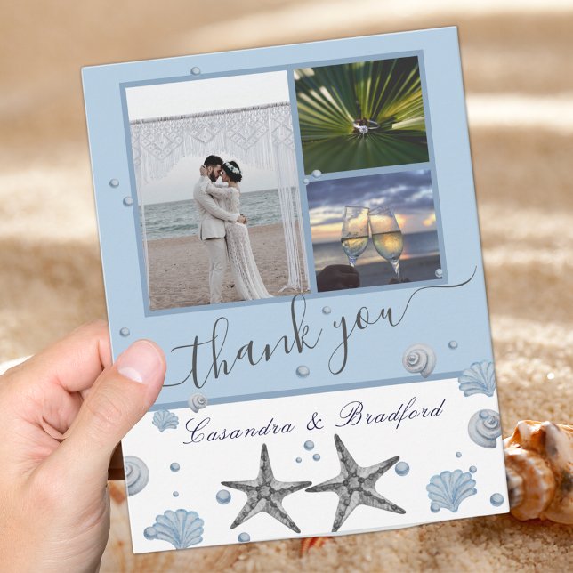 Carte De Remerciements Gris Starfish Blue Beach Wedding (Créateur téléchargé)