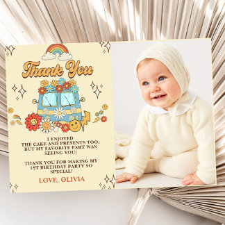 Carte De Remerciements Groovy Retro Rainbow 1st Birthday Party Photo