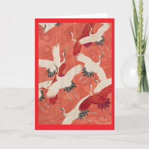 Carte De Remerciements Grues volantes en Kimono rouge Or personnalisable