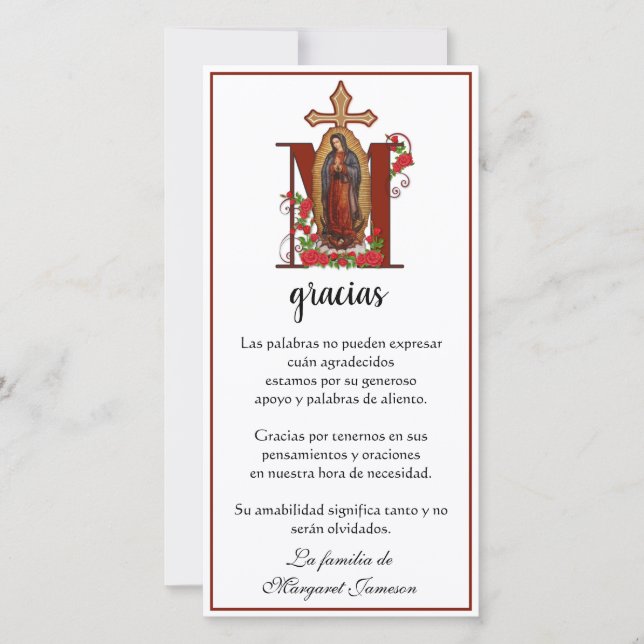 Carte De Remerciements Guadalupe Vierge Marie Condolence espagnole (Devant)