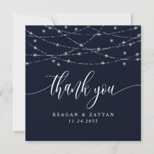 Carte De Remerciements Guirlande Lumineuse Bleu Nuit Élégant Mariage