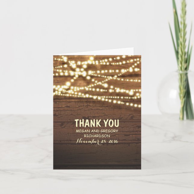Carte De Remerciements Guirlande Lumineuse et Bois de Grange Mariage Merc (Devant)