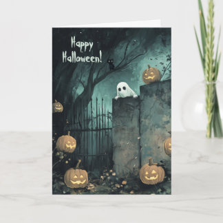 Carte De Remerciements Halloween avec fantôme et chat noir