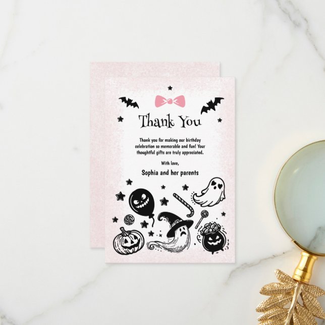 Carte De Remerciements Halloween Éffrayant simple rose ruban fille Annive (Devant/Arrière en situation)