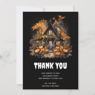 Carte De Remerciements Halloween Maison hantée avec Citrouilles & Foliage