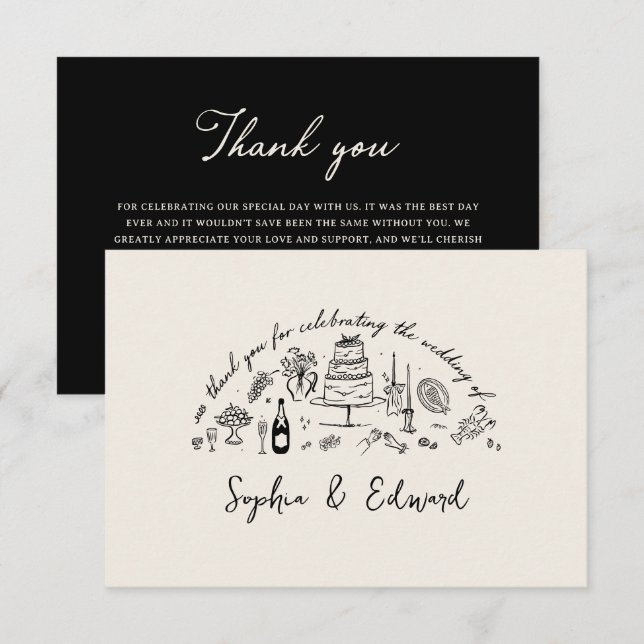 Carte De Remerciements Hand-drawn whimsical line art wedding style (Devant / Derrière)